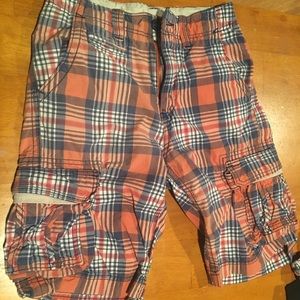 gap kids boys cargo shorts orange and blue plaid
